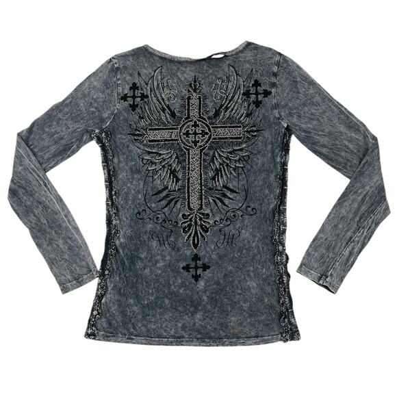 Vocal Cross Logo Tee Gray Black Medium Long Sleeve Goth Grunge Punk Edgy - Picture 6 of 12